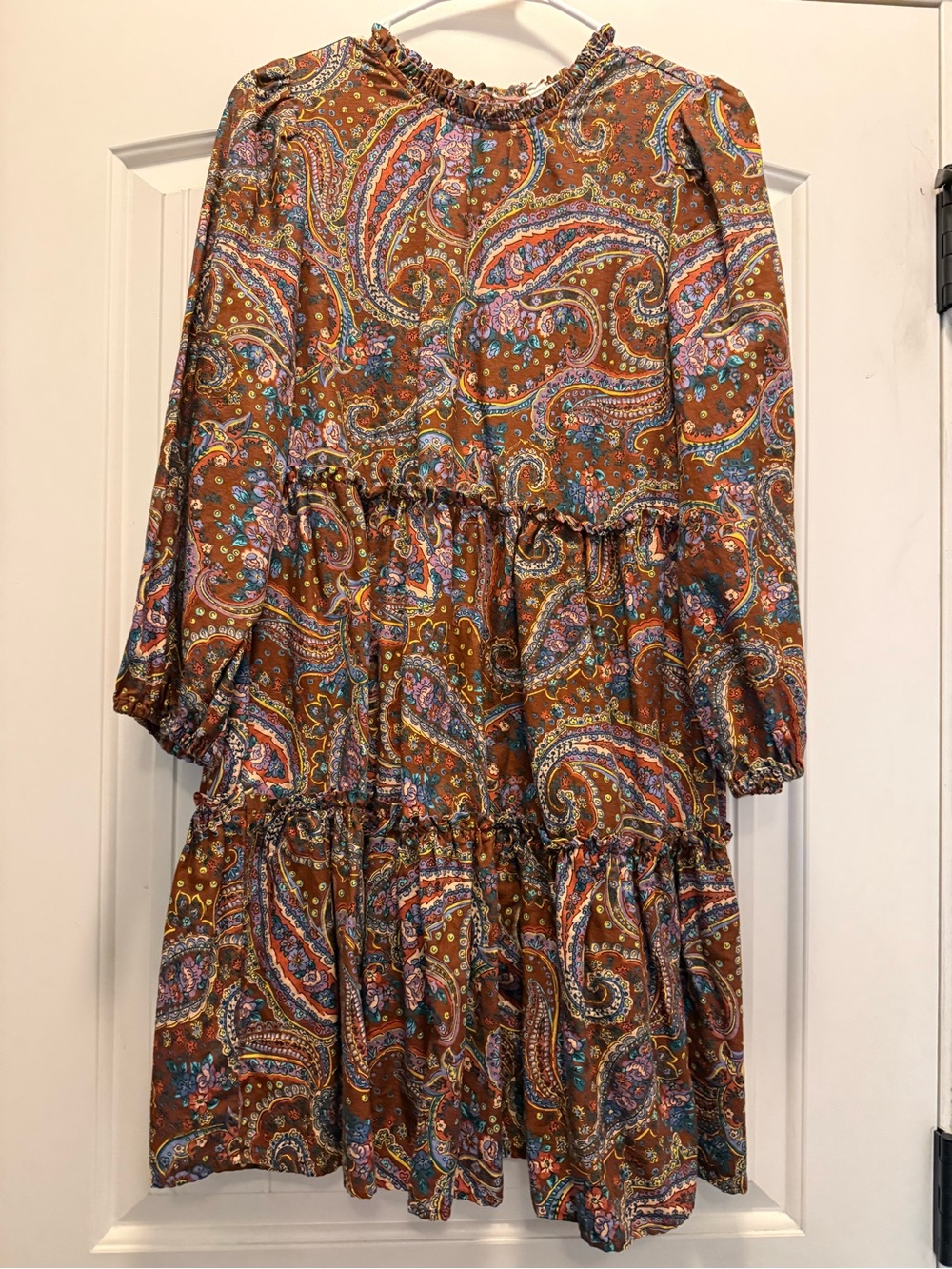 a.n.a Brown Paisley Tiered Long-Sleeve Dress